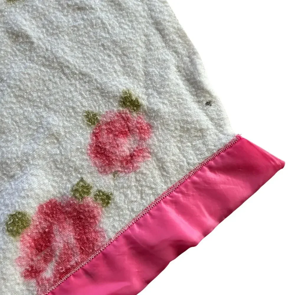 Vintage Fieldcrest Melody Rose Blanket Pink Satin Ribbon MCM Twin USA